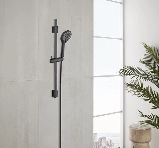 Set di doccia per risparmio d'acqua, maniglia di doccia in acciaio inossidabile di alta qualità con testa di doccia idonea al risparmio d'acqua con 3 tipi di getto in tubo, compatibile con boiler, con connessione universale ½", 70 cm, nero