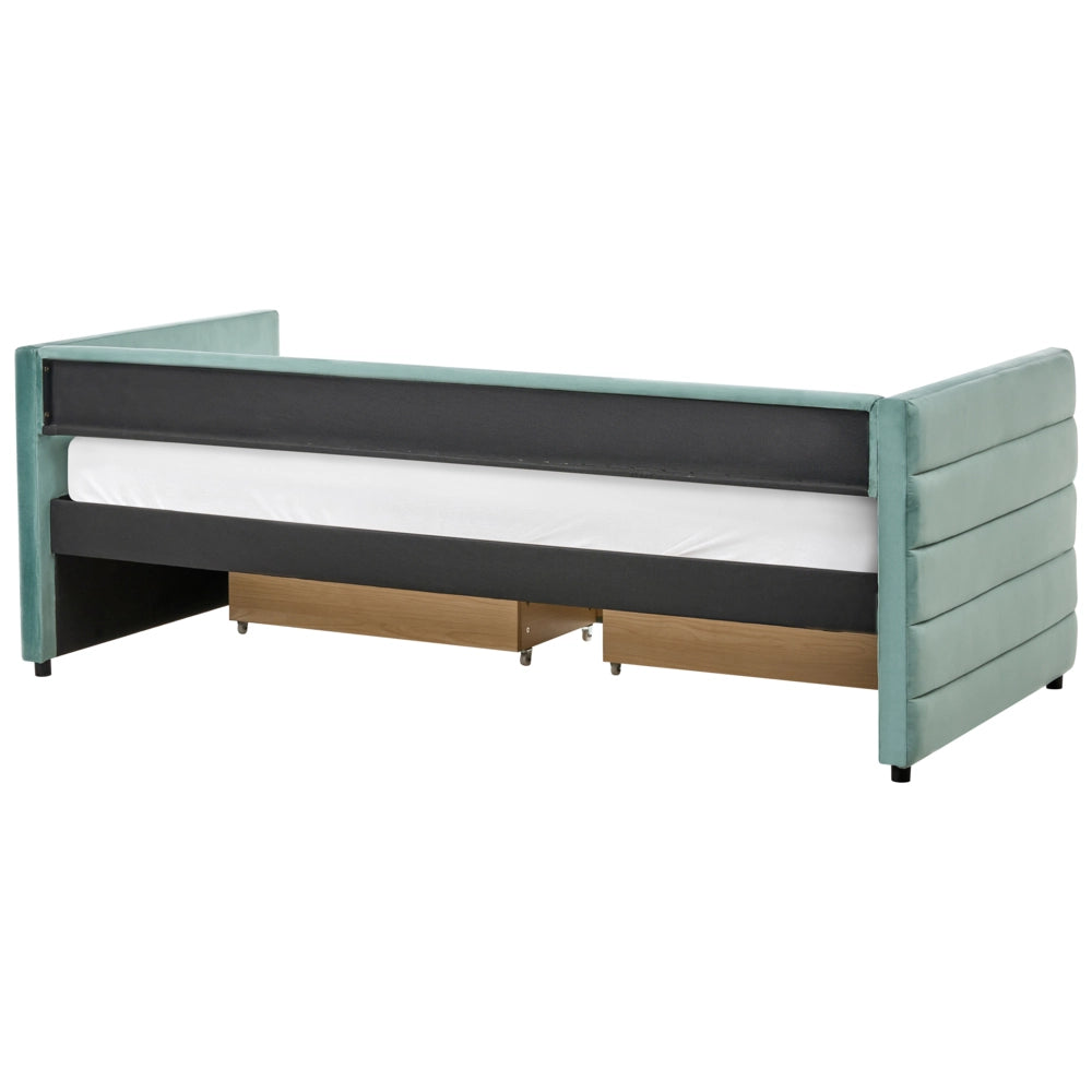 Letto 90 x 200 cm in velluto verde menta elegante e imbottito con cassetti glamour per la camera da letto