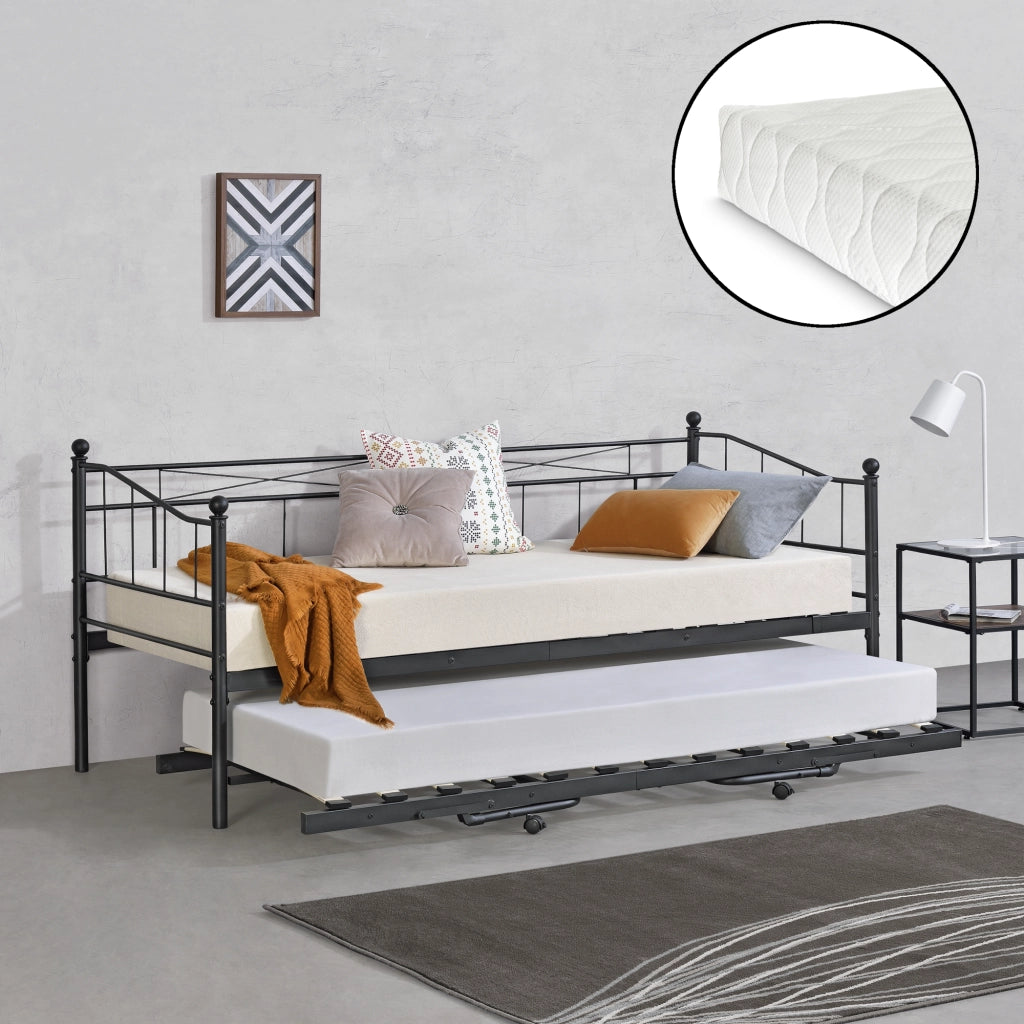 Divano in Metallo con Cornice Decorativa + Letto di Complemento con Gambe Pieghevoli e 4 Ruote, Sofa a 2-3 Posti di Seduta e Secondo Letto Salvaspazio + 2 Materassi 200x90 cm - Nero