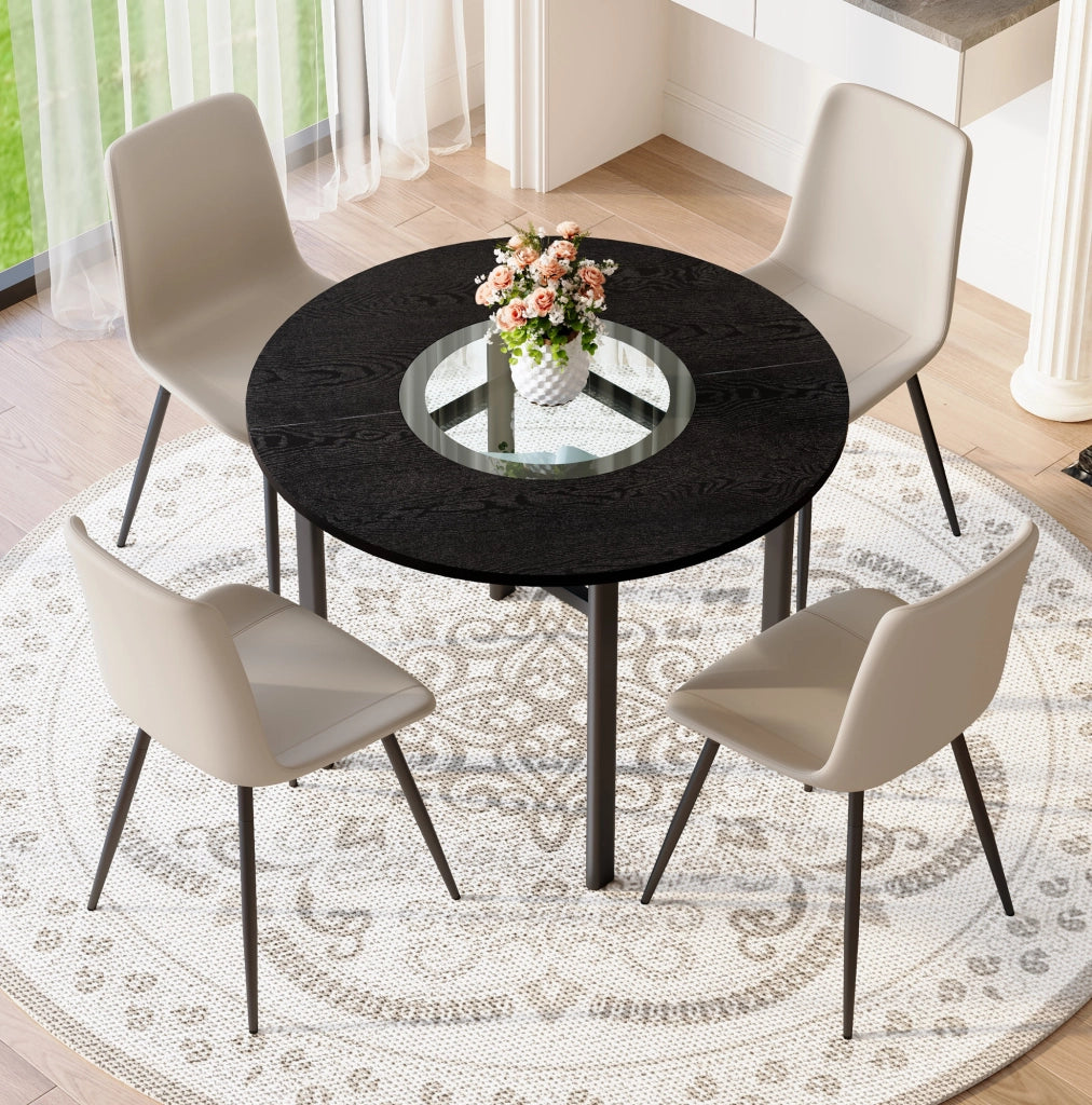 Set tavolo rotondo Ø100 cm con piano MDF nero, vetro e sedute grigio caldo