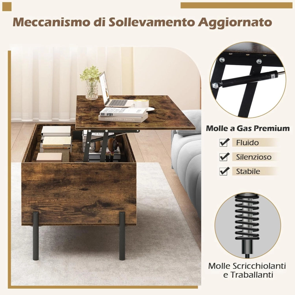 Tavolino da Caffè Sollevabile, Tavolo da Salotto con Piano Sollevabile, Ampio Comparto Nascosto, 3 Scomparti Aperti e Gambe in Metallo, Ideale per Salotto e Ufficio (Marrone)