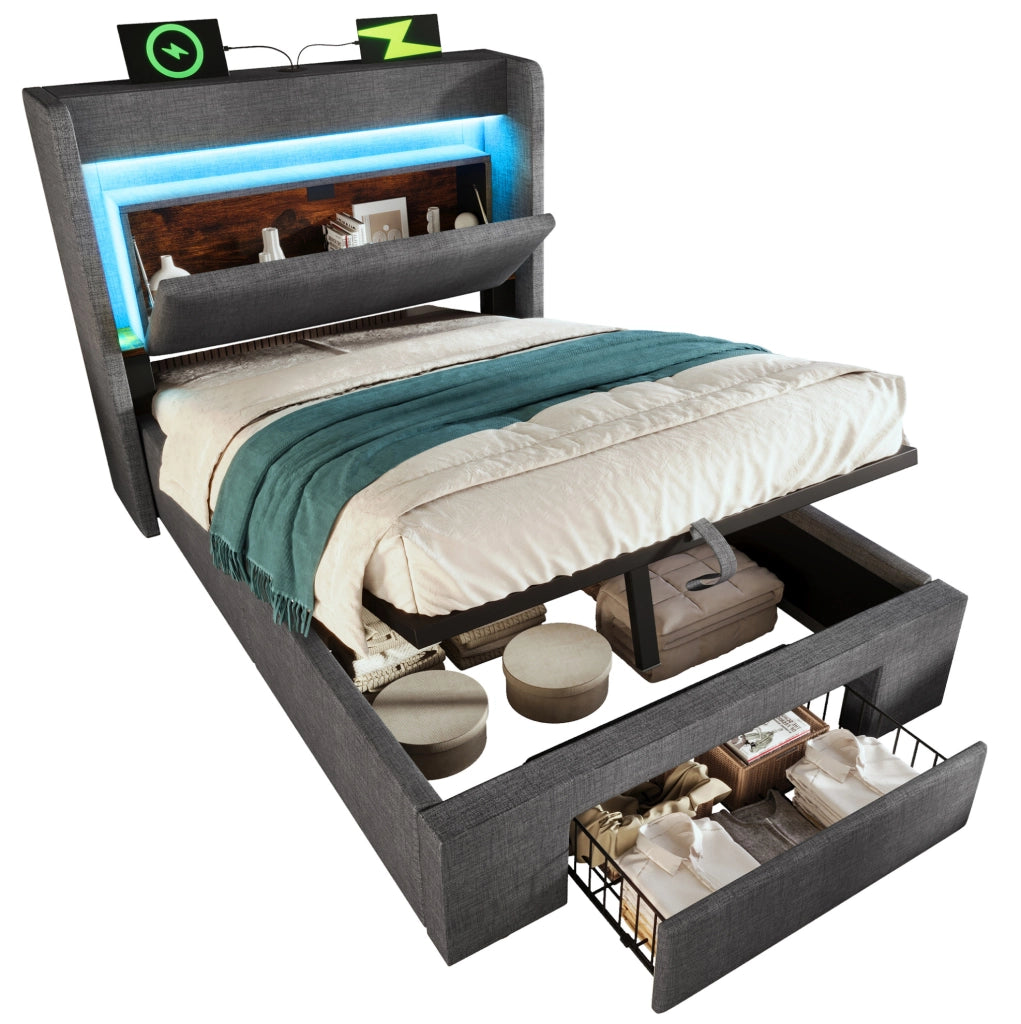 Letto imbottito 90x200 cm con contenitore idraulico; LED; USB e USB C; lino grigio