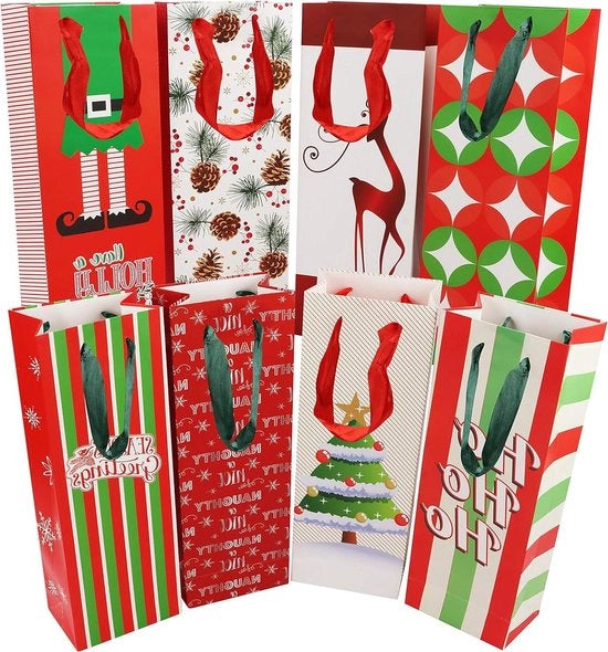 16 Pacchi di Sacchetti per Bottiglie con Tema di Natale - Rood - 36x8x12 cm - Maniglione in Velluto - 16 pezzi
