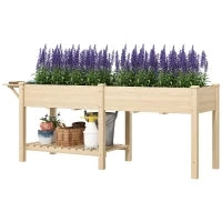 Fioriera Rialzata con Tavolino Laterale e Ripiano Porta Attrezzi Inferiore, in Legno di Abete, 207x59x78 cm