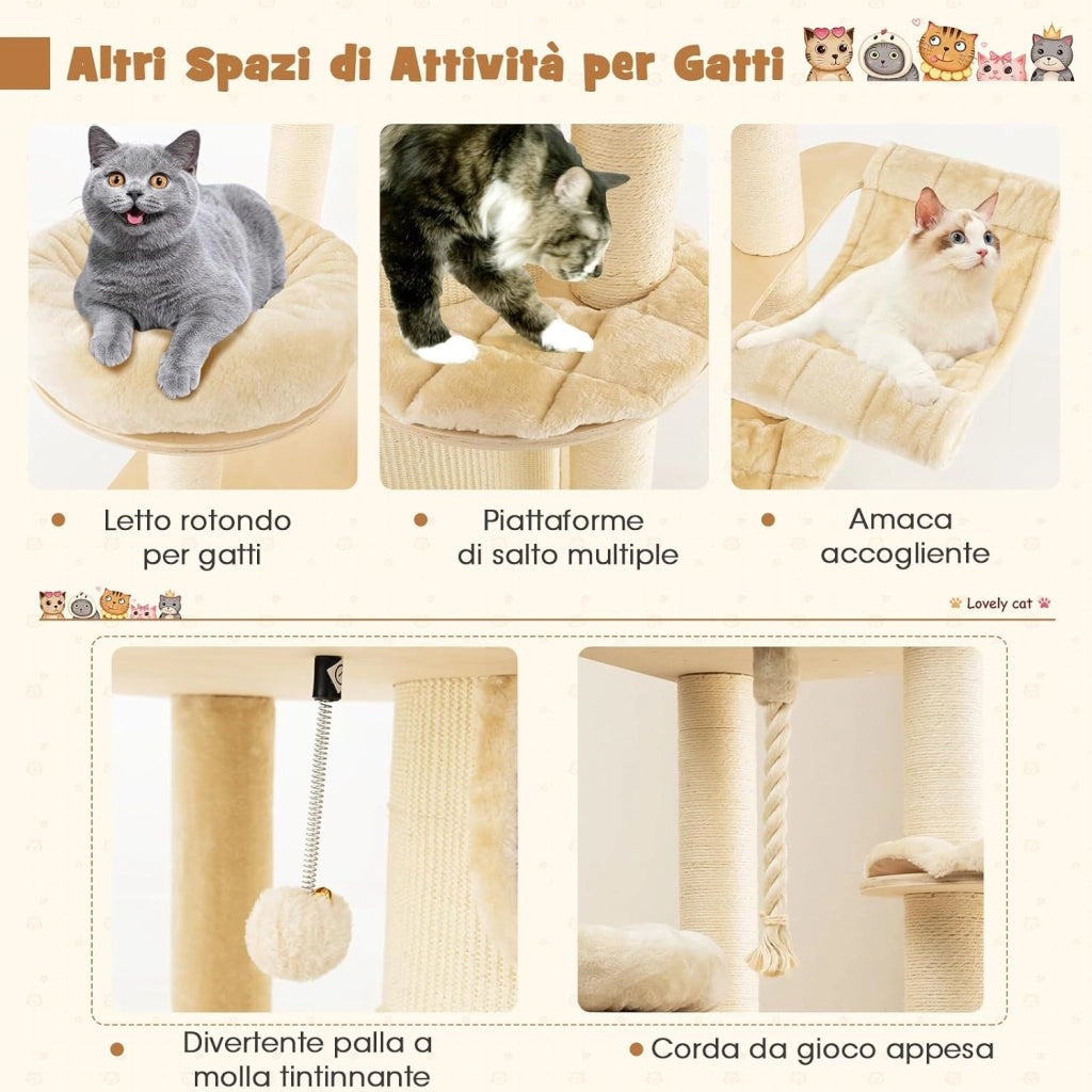 Albero Tiragraffi da 173 cm per Gatti, Torre per Gatti in Legno con Nicchia a 3 Piani, 2 Cucce Tiragraffi, Piattaforme, Amaca, Mobili Moderni per Gatti da Interno (Beige)