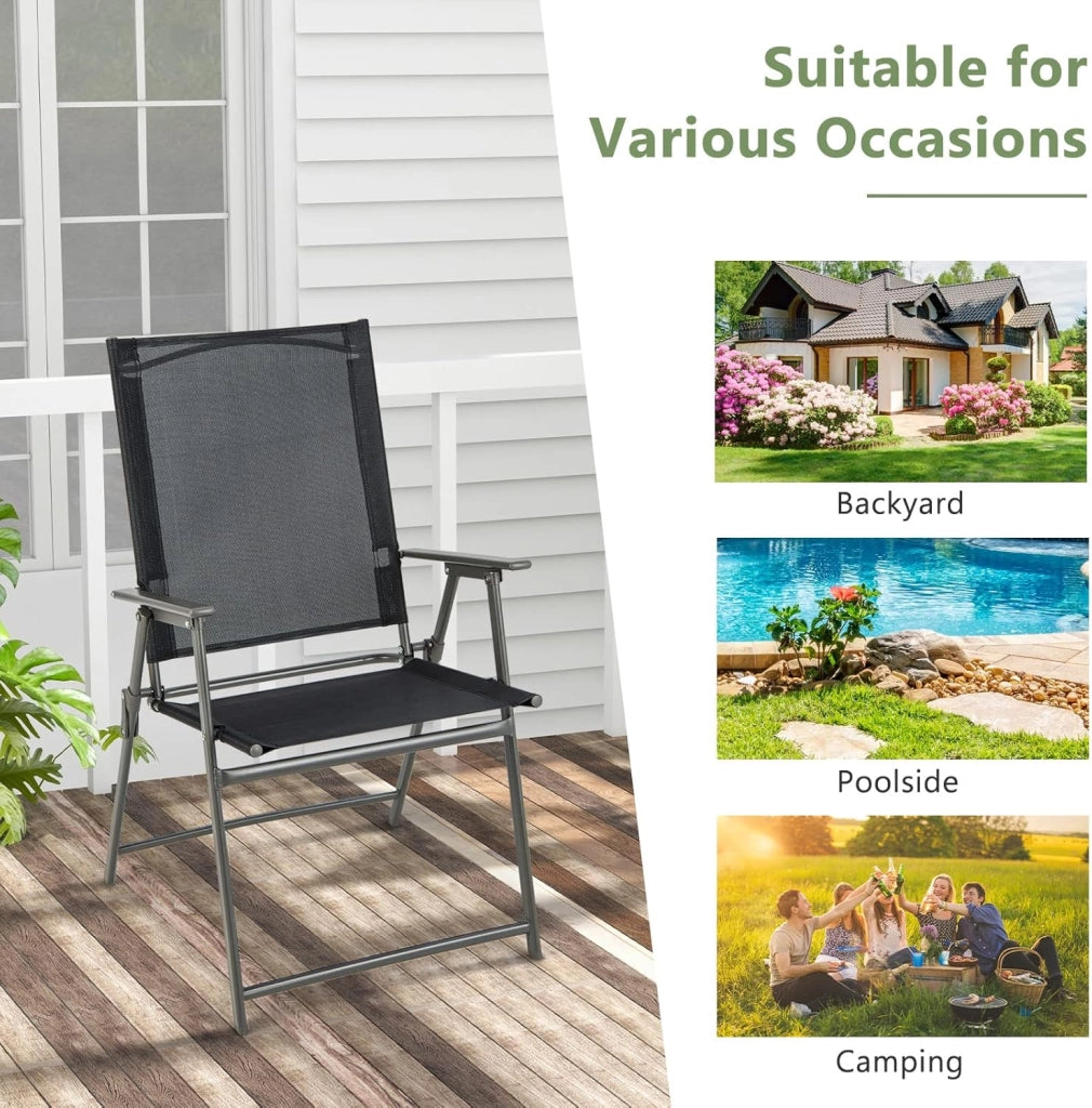 Set di 4 sedie da giardino pieghevoli, con schienale alto e bracciolo, in metallo e tessuto, portata fino a 150 kg (nero, 2)