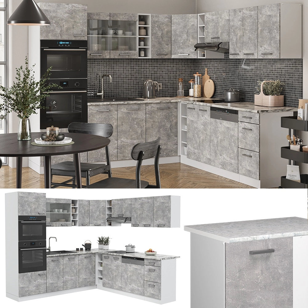 Cucina angolare completa R-Line Calcestruzzo/Bianco 247 x 237 cm, PL Antracite Vicco