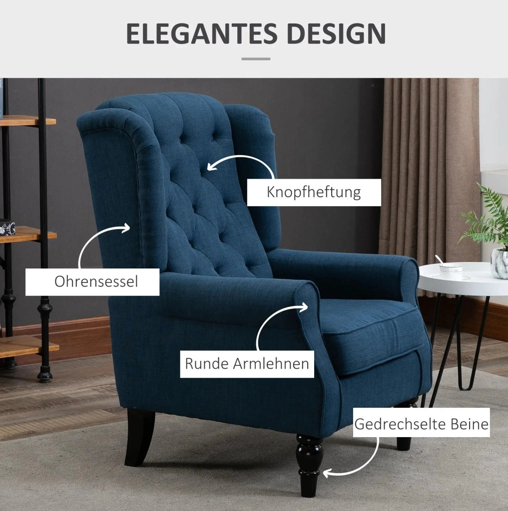 Poltrona ad orecchioni imbottita blu con schienale alto e gambe in legno