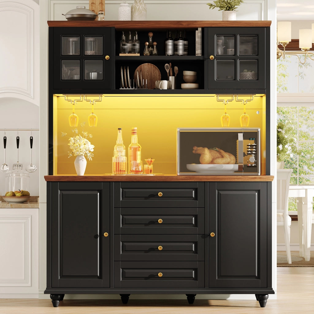 Credenza alta con LED RGB, 4 cassetti e ripiani regolabili per cucina e soggiorno, in MDF, nero, 140 × 40 × 179.5 cm