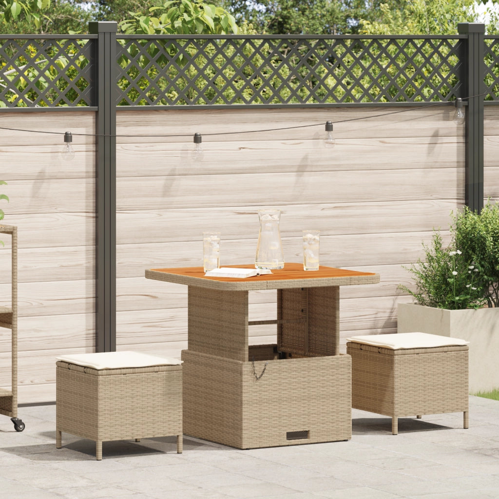 Set da Pranzo da Giardino 3 Pezzi con Cuscini Beige in Rattan e Acacia