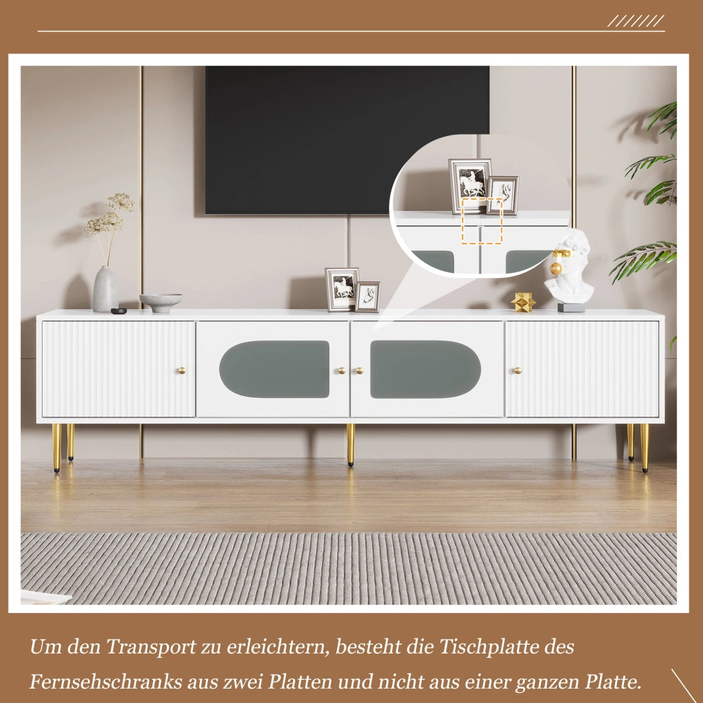 Mobile porta TV con 4 ante, 2 vani con vetro arcuato e 2 fori passacavi, per soggiorno, truciolato bianco, 170 × 35 × 50 cm