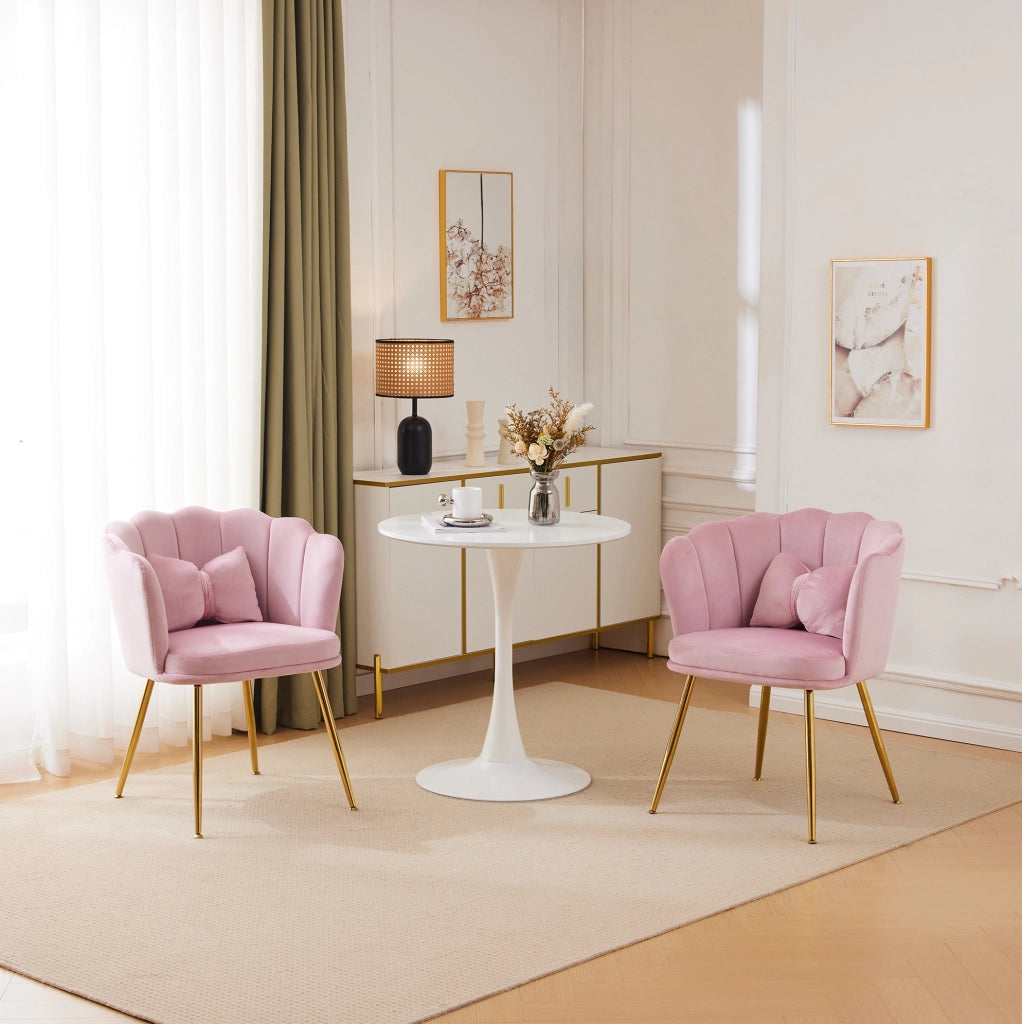 Set di 2 sedie imbottite in velluto rosa con schienale a petalo e gambe in metallo dorato