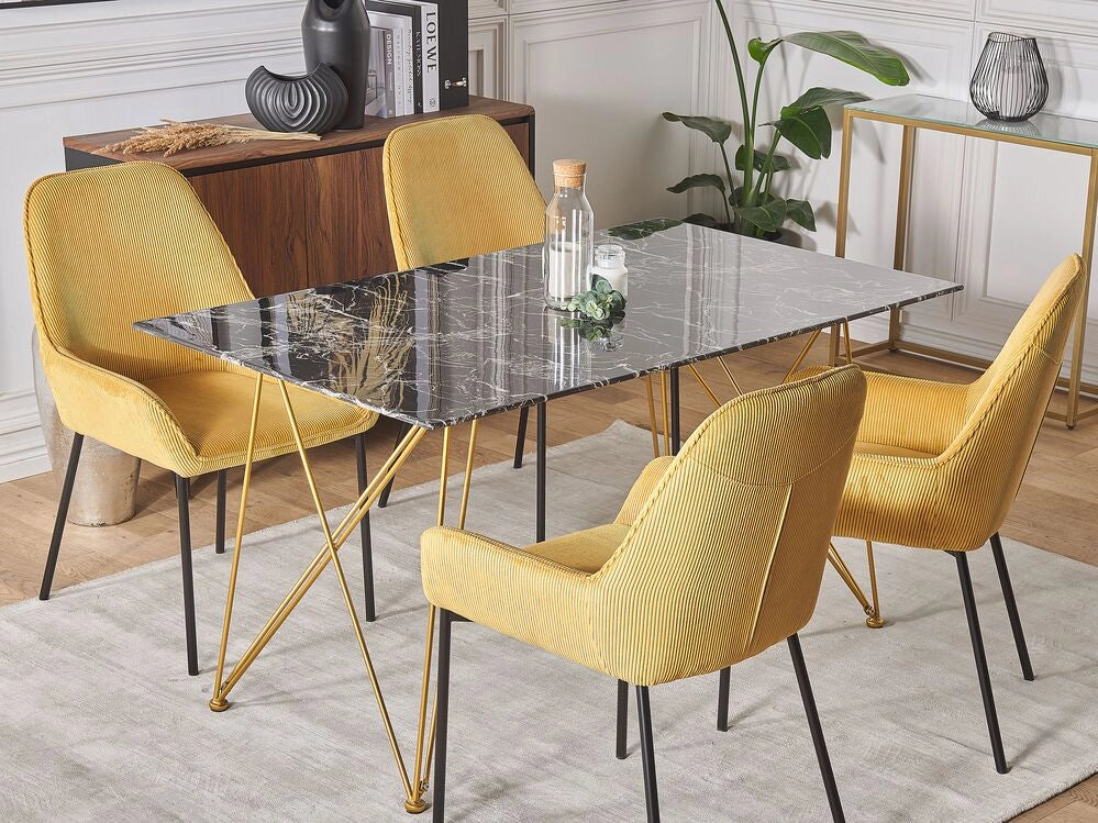 Tavolo da Pranzo Effetto Marmo Nero con Piano in Vetro Temperato dorato Gambe in Metallo 140 x 80 cm Glam Soggiorno