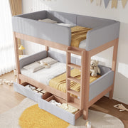 OKWISH Letto a Castello 90×200 cm, Letto Singolo con 2 Cassetti, Scala Dritta a 4 Gradini e Sponde di Sicurezza, senza Materasso, Grigio