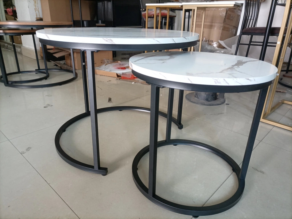 TAVOLO DA SALOTTO ROTONDO SET 2 PEZZI 60x60x45 cm Bianco Ferro e Truciolare