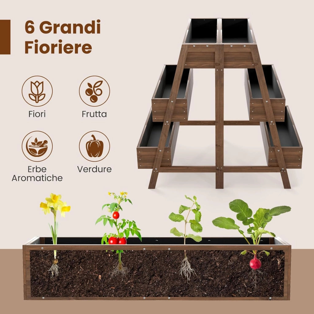 Orto Rialzato a 3 Livelli, Fioriere Rialzate in Legno Massello con Base Doghe e Tessuto, Aiuola Verticale per Piante da Interno ed Esterno per Giardino, Patio e Balcone, 126 x 90 x 115 cm