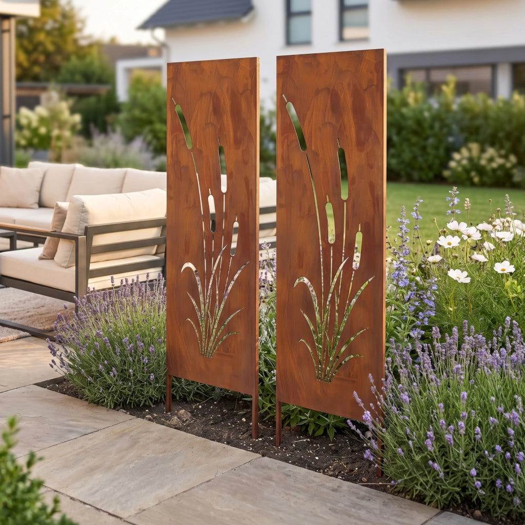 Set di 2 Pannelli Divisori Irsina Frangivista con Motivo Canne 160x50 cm Acciaio Corten - Marrone Ossidato casa.pro