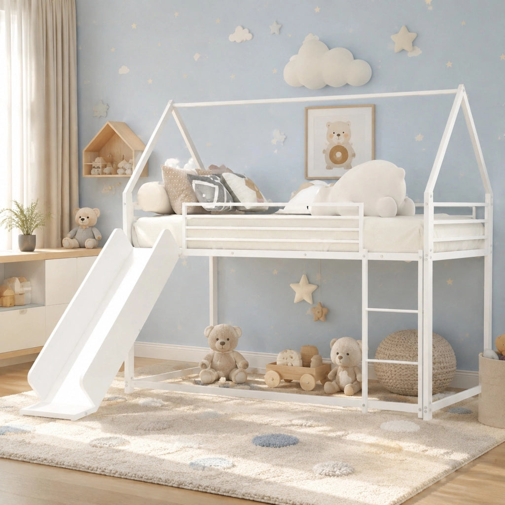 Letto a castello per bambini in metallo bianco con scivolo