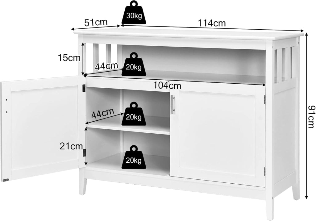 Armadio da cucina a buffet, da cucina, a buffet, con ripiano aperto e 2 ante, in legno, con ripiano regolabile, 114 x 51 x 91 cm, bianco
