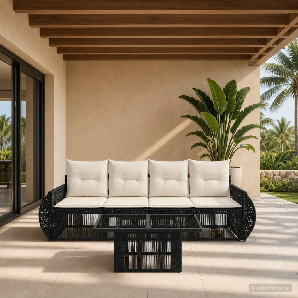 Set Divano da Giardino 5 pz Nero e Bianco Crema polyrattan 3436894