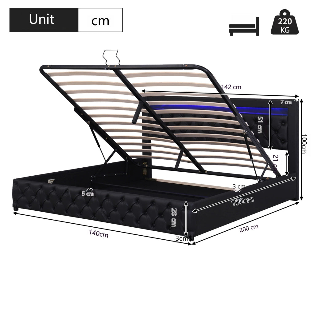 LETTO Capitonné 140x190 cm Nero PU con rete a doghe, contenitore e LED