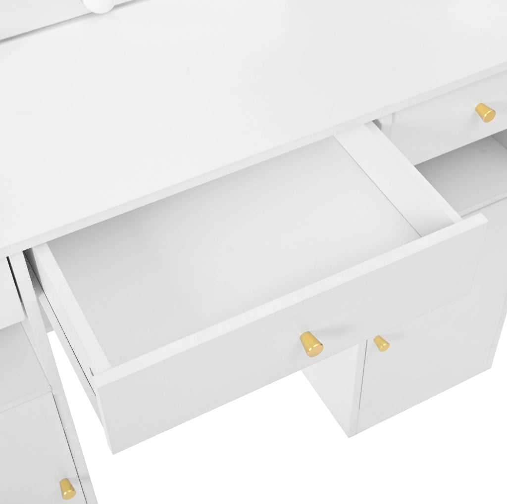 Tavolo da trucco 110x40x151 cm con specchio e luci LED regolabili; 3 cassetti e 2 ante; bianco