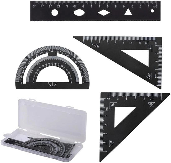 Set di geometria premium in alluminio 4 pezzi - scala 15 cm - scala in acciaio inossidabile - triangolo rettangolo 60°/45° - per studenti, insegnanti, ingegneri