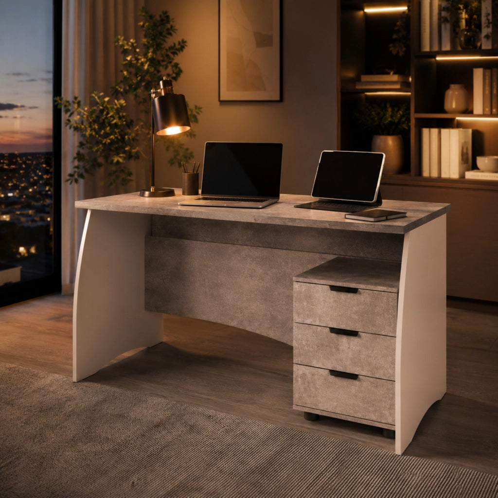 Scrivania Scrittoio Per Studio Con 3 Cassetti Mobile Da Ufficio Soggiorno Sala Da Pranzo 136 X 74 X 67 Cm Bianco E Grigio Cemento