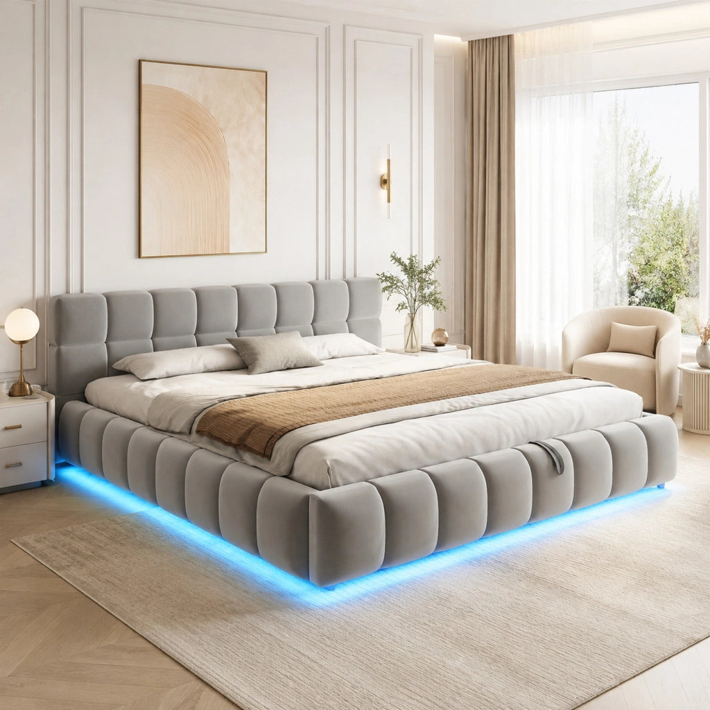 Letto matrimoniale imbottito 180x200 cm con LED e contenitore