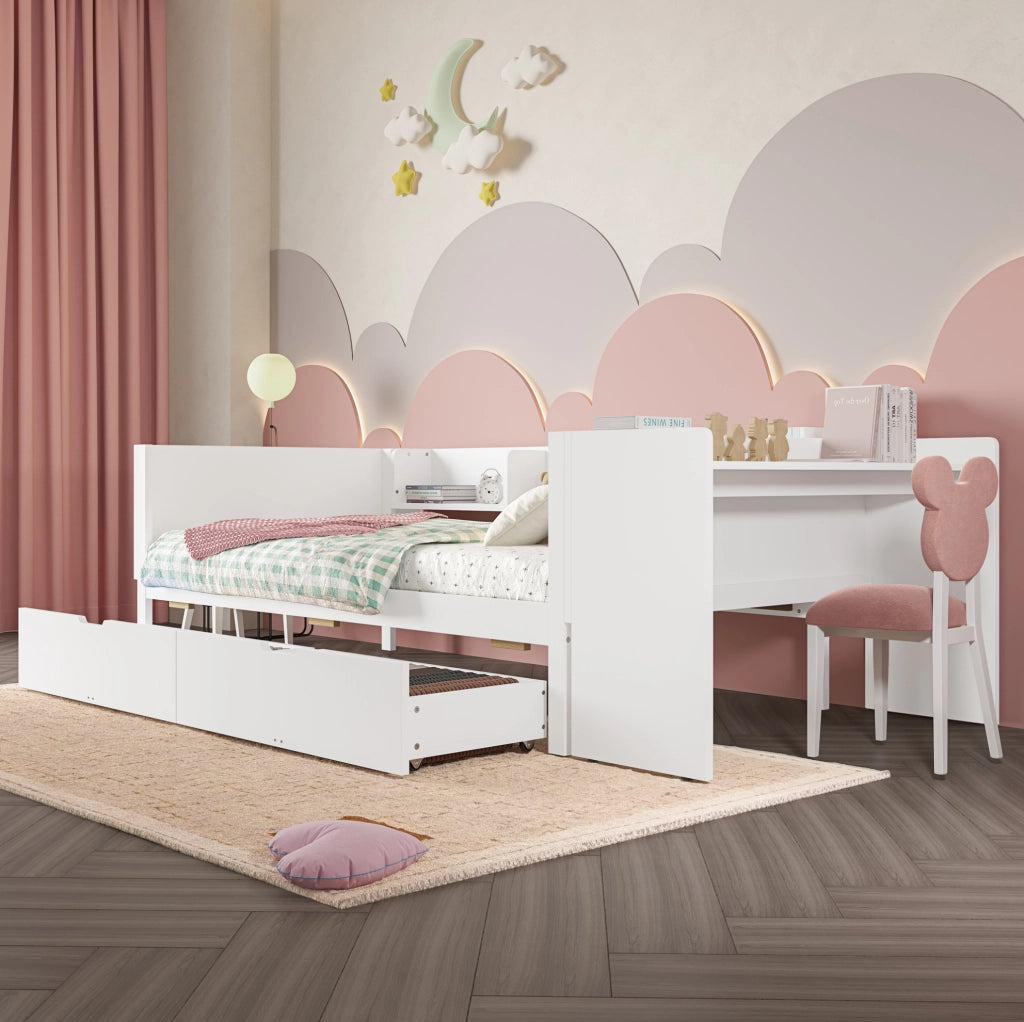 Letto singolo con scrivania, 2 cassetti e mensole, 90 x 200 cm, bianco