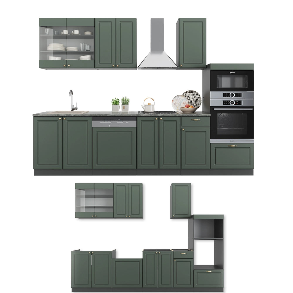 Cucina componibile Fame-Line Verde-oro rustico/Antracite 300 cm con armadio alto, PL Marmo Vicco