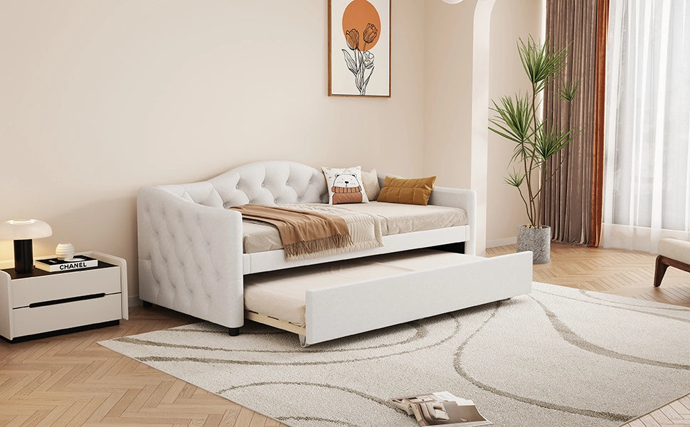 Letto estraibile singolo 90 × 200 cm con letto supplementare, senza materasso, in lino e MDF beige
