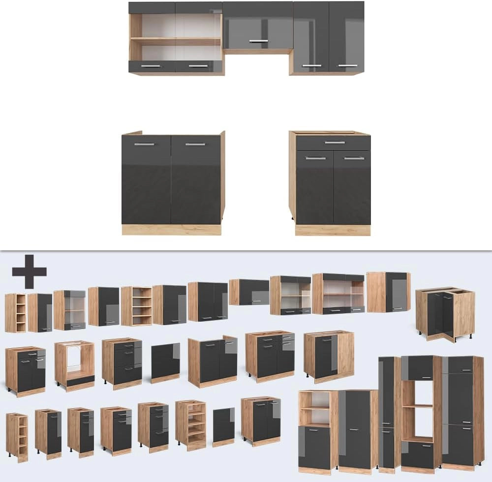 Cucina componibile R-Line, Antracite lucido/oro power oak, 200 cm senza piano di lavoro, adatto per l'espansione personalizzata tramite moduli aggiuntivi