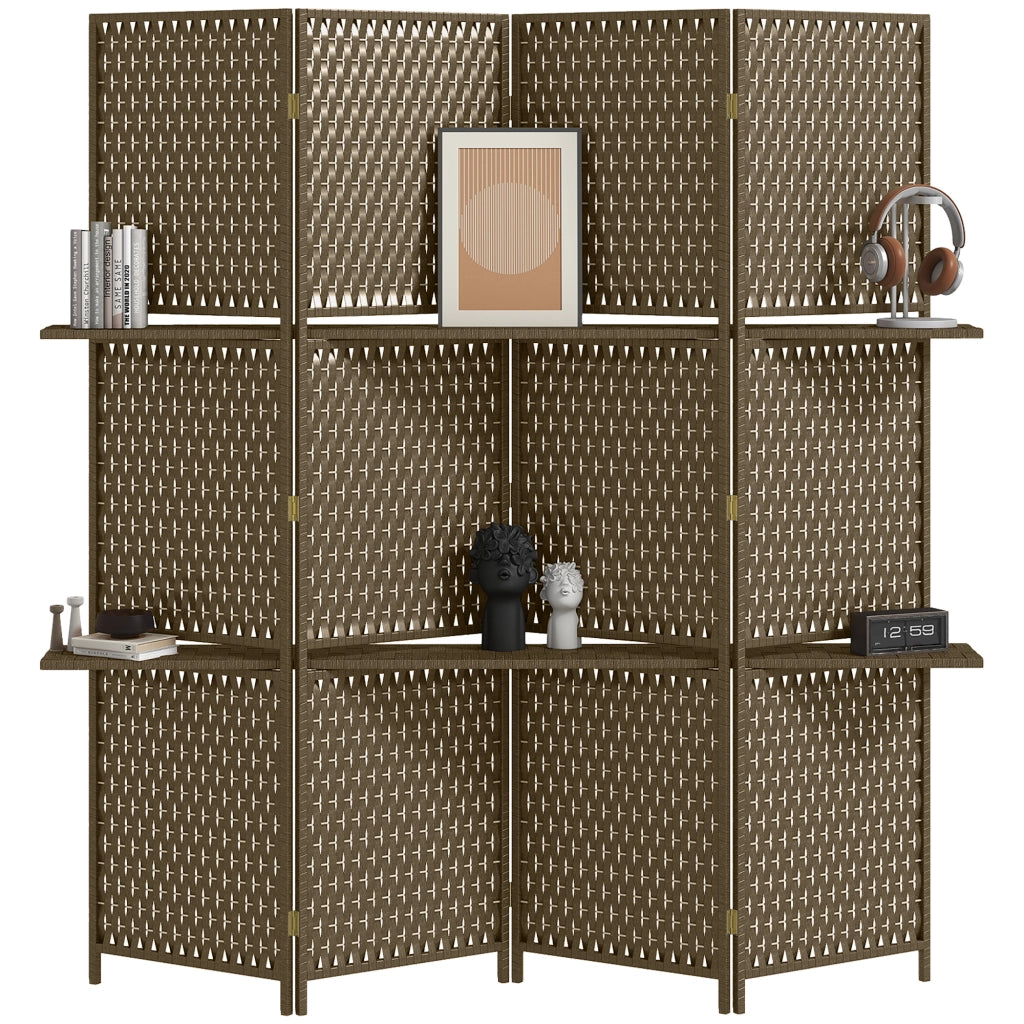 Paravento 4 Pannelli con Ripiani ¨C zephmum ¨C Legno Pino Effetto Intrecciato Marrone 181x180 cm