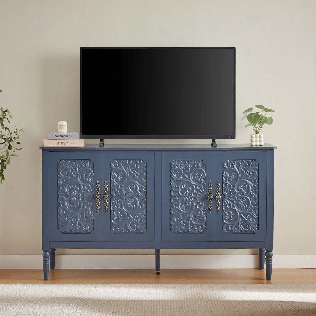 Credenza con ante a rilievo retrò e gambe tornite blu navy 160 × 40 × 89 cm