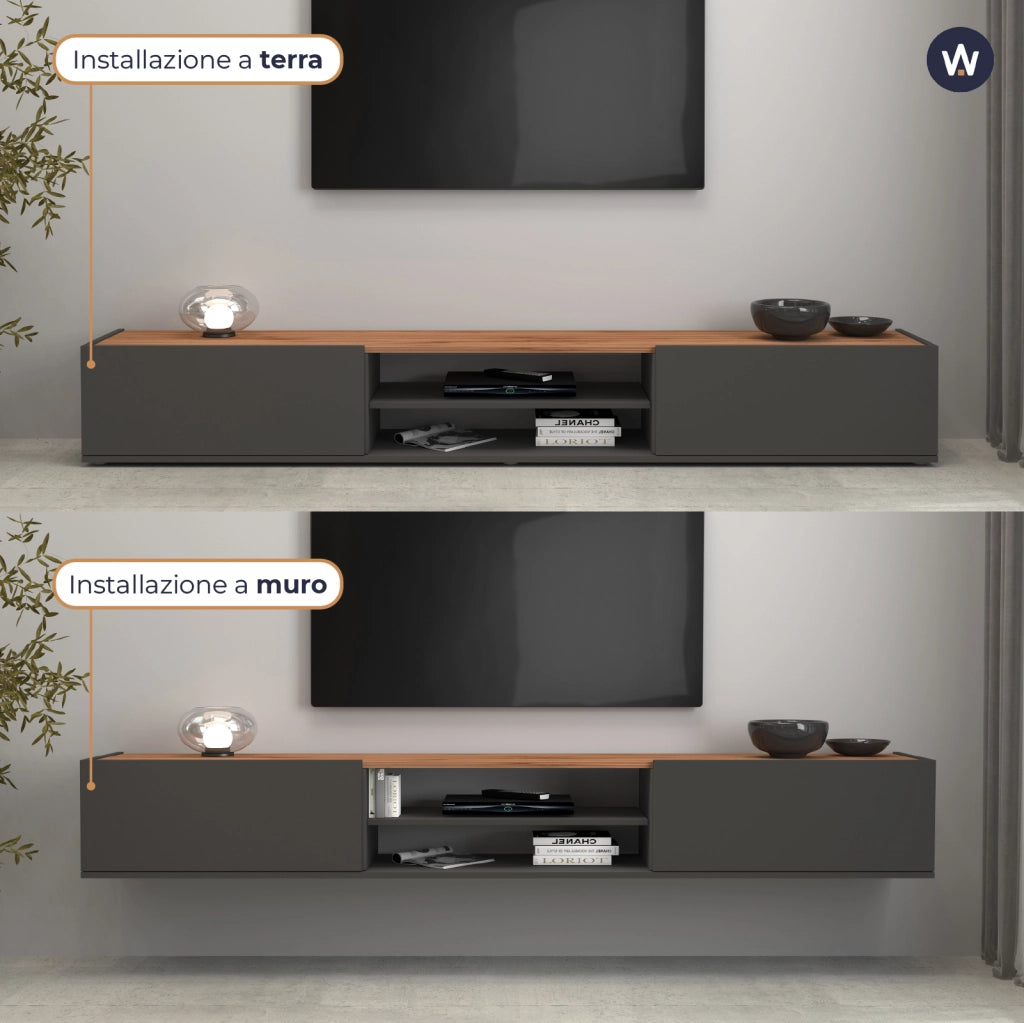 WHOUS Mobile porta tv Garda 2 ante e 1 ripiano centrale antracite opaco e rovere 210x35x30 cm