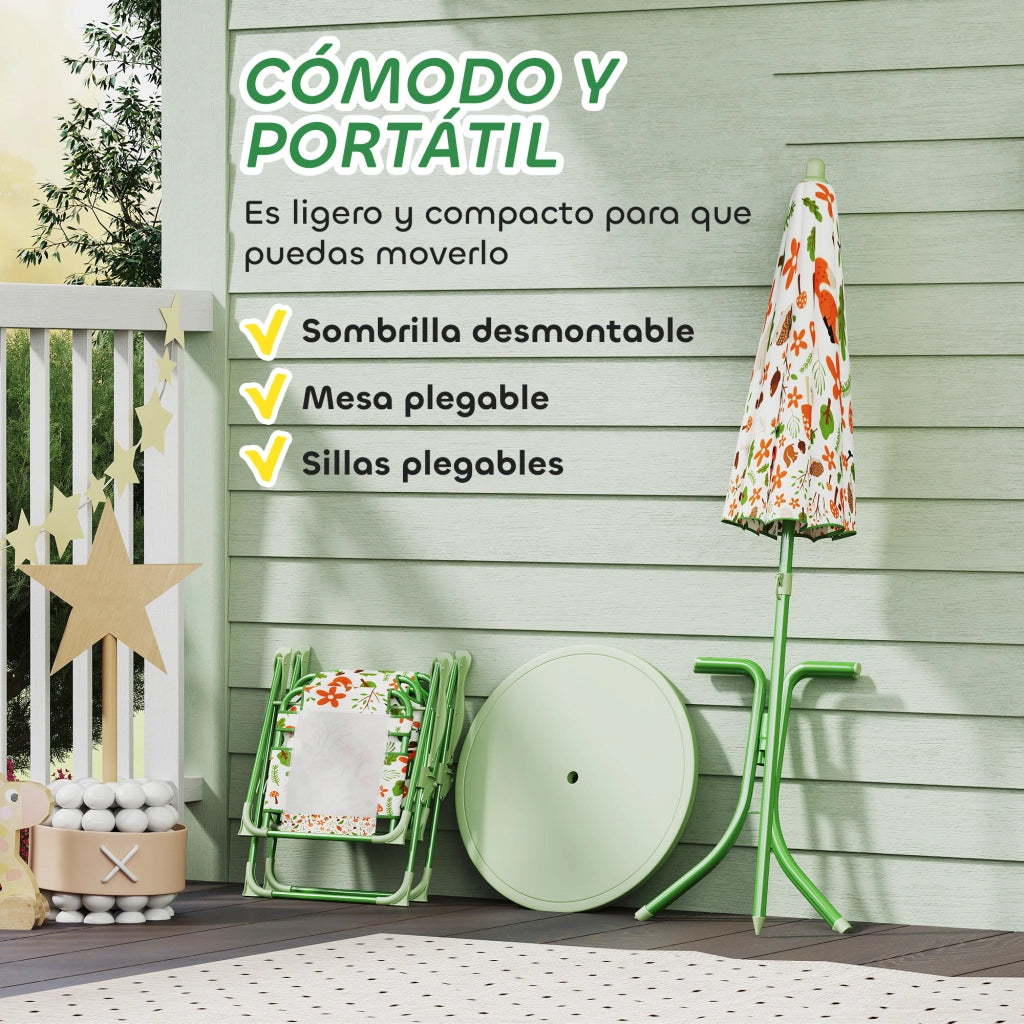 Set Giardino Pieghevole Bambini con 2 Sedie Tavolo e Ombrellone Aggiustabile ¨C zephmum ¨C Verde