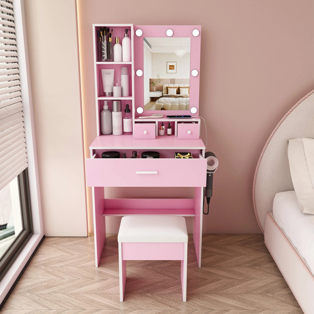 Toeletta rosa con specchio LED, presa, cassetti e sgabello
