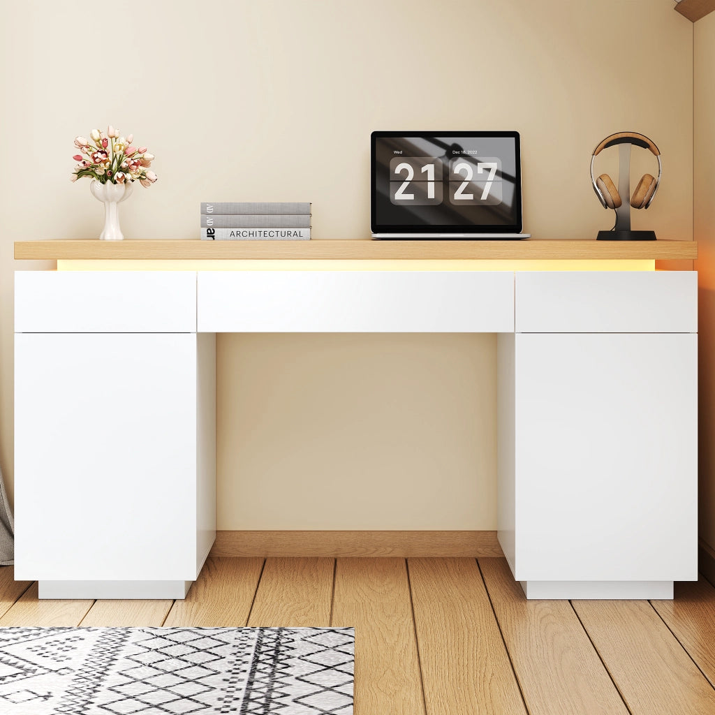 Scrivania con LED multicolore; 140 x 50 cm; 3 cassetti e 2 ante; MDF bianco e rovere