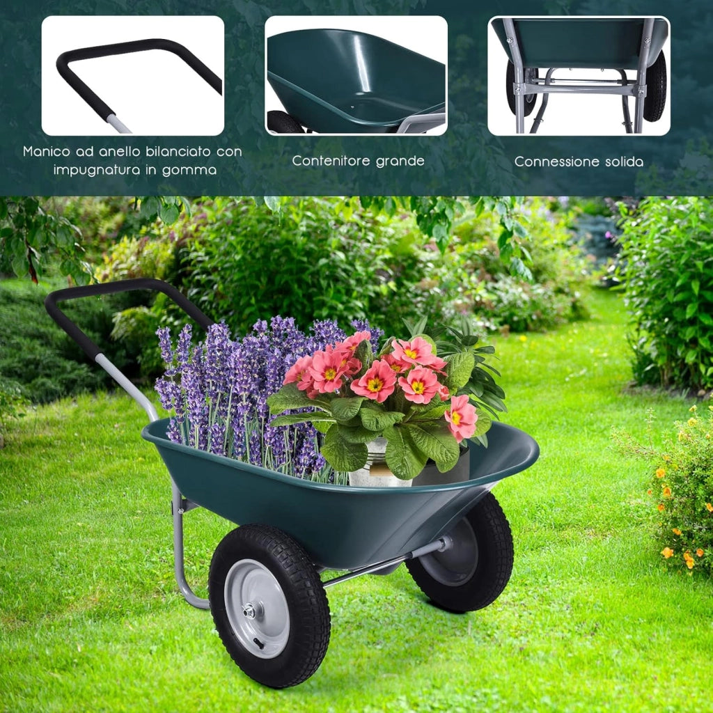Carriola con 2 Ruote da Giardino, Carrello Resistente con Struttura in Acciaio Robusto, Ruote Pneumatiche 35,5 cm, Capacità 75L, Portata Max 100 kg (Verde)