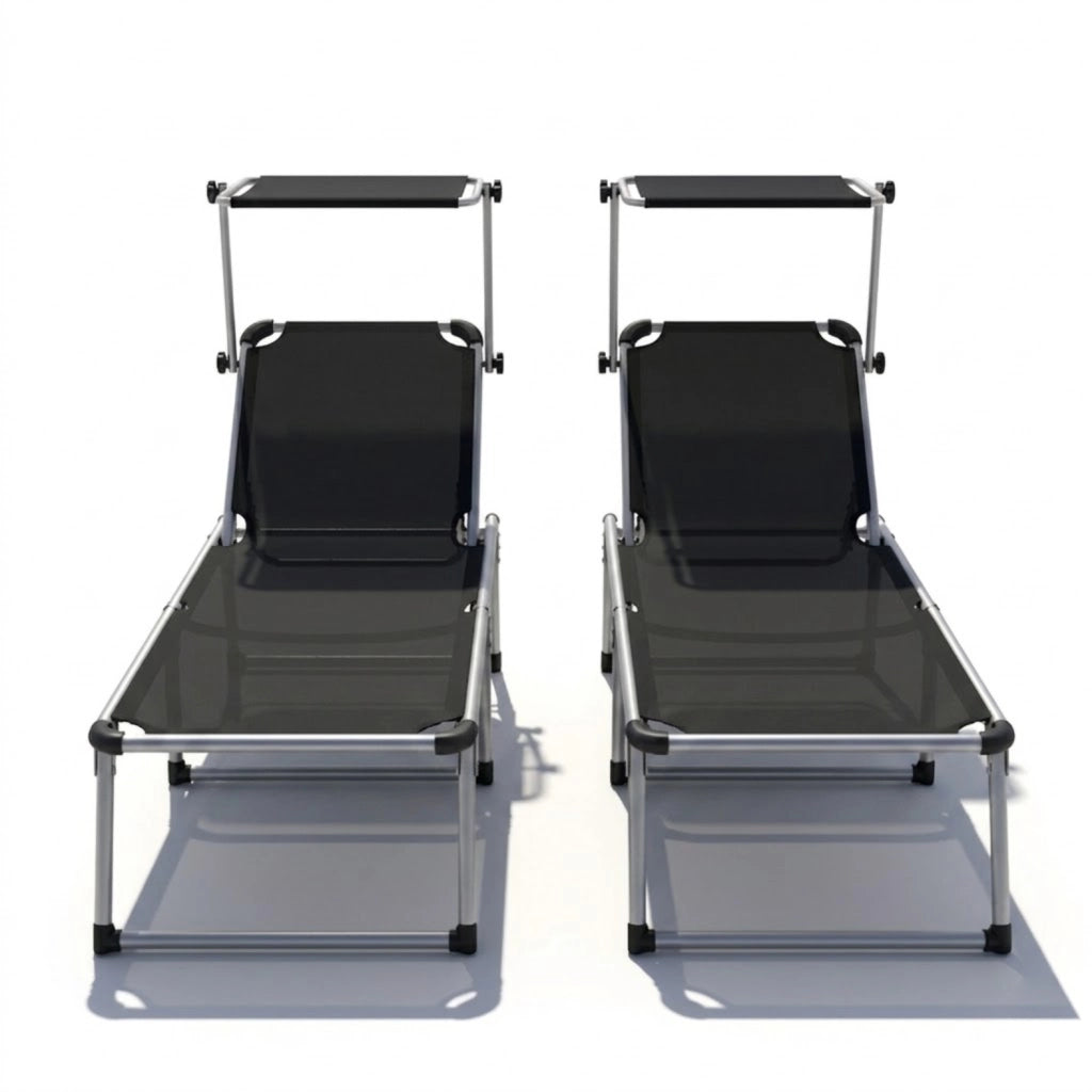 Coppia Di Lettini Pieghevole Prendisole Con Tettuccio Parasole Schienale Reclinabile Regolabile 6 Posizioni Struttura In Alluminio Sedia Sdraio Mare Spiaggia Giardino Piscina Relax 187 x 59 x 29 Cm (Nero)