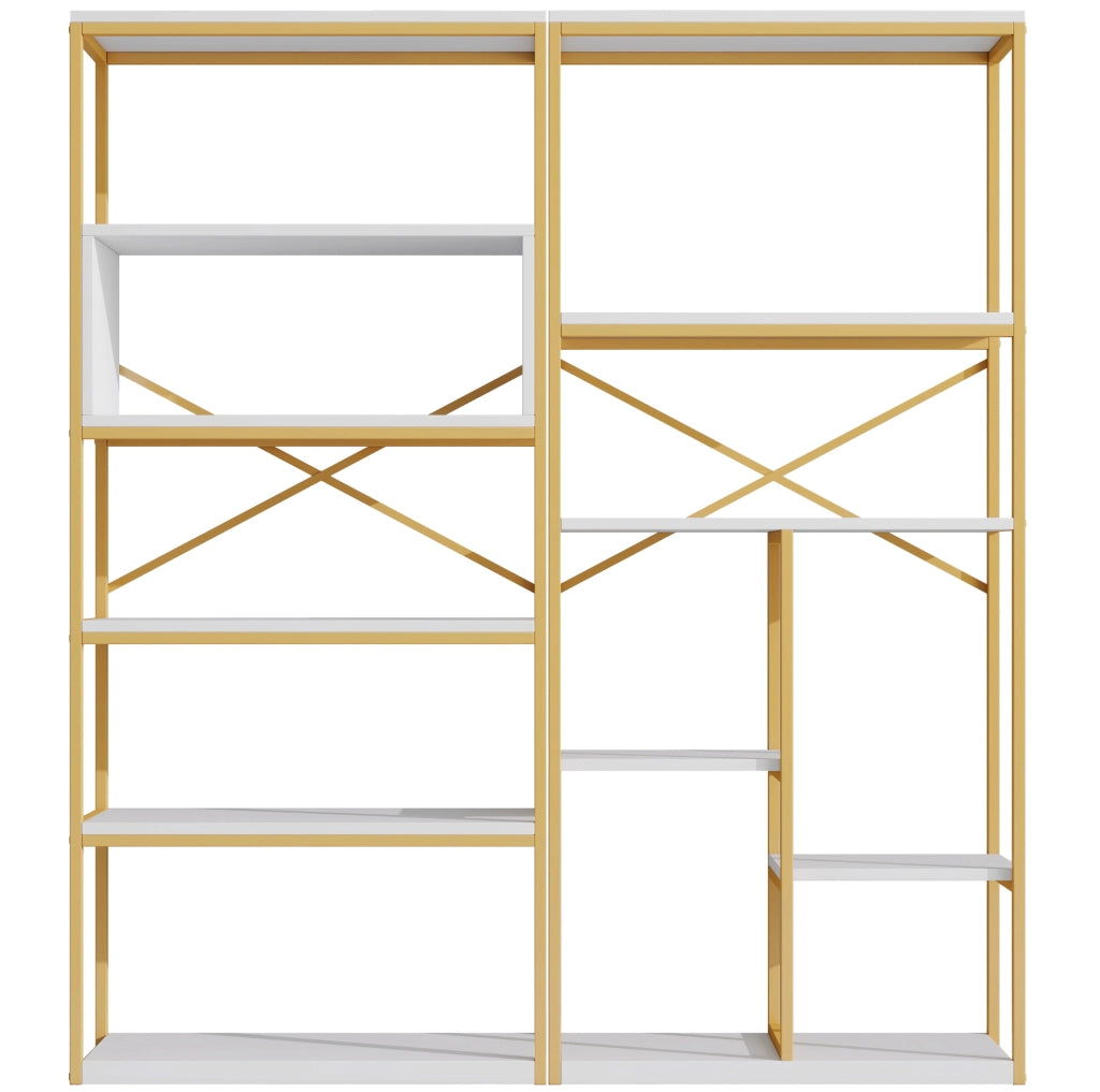 Libreria 160x29.5x180 cm a ripiani aperti con struttura rettangolare in metallo e MDF bianco e oro