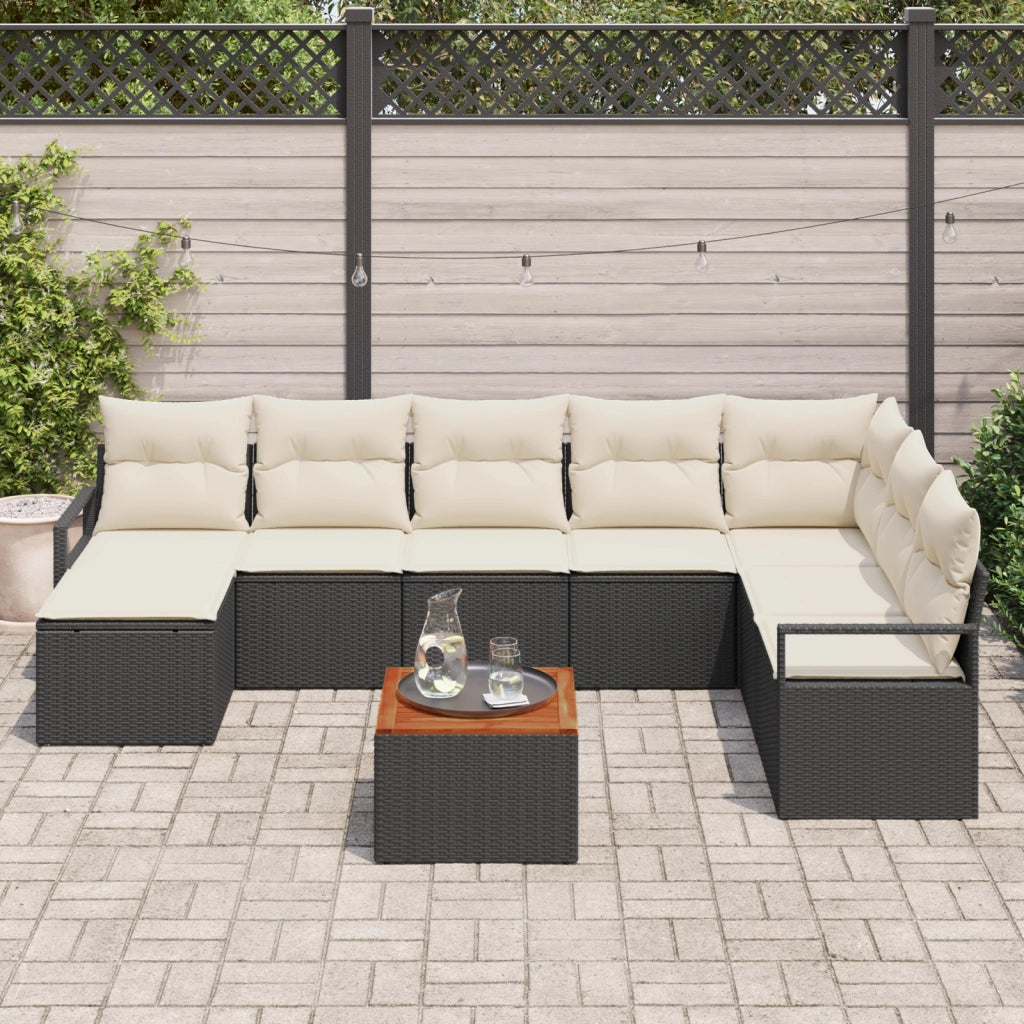 Set divano da giardino 9 pezzi con cuscini Rattan poli nero Acacia