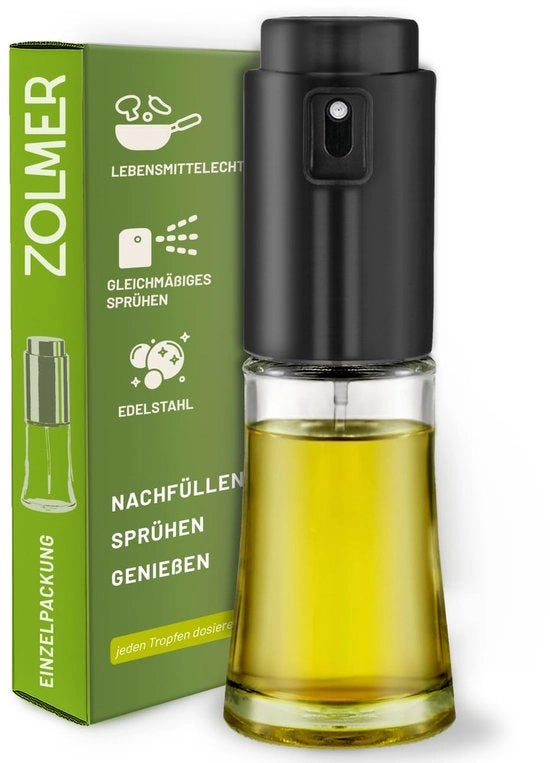 Olio Spruzzatore per olio di cottura – Olio Spruzzatore per airfryer, cucina, cottura e griglia – Fusto di Olio Spruzzatore in vetro e acciaio inossidabile – BPA libero, riempibile, sottile boccetta di spruzzo
