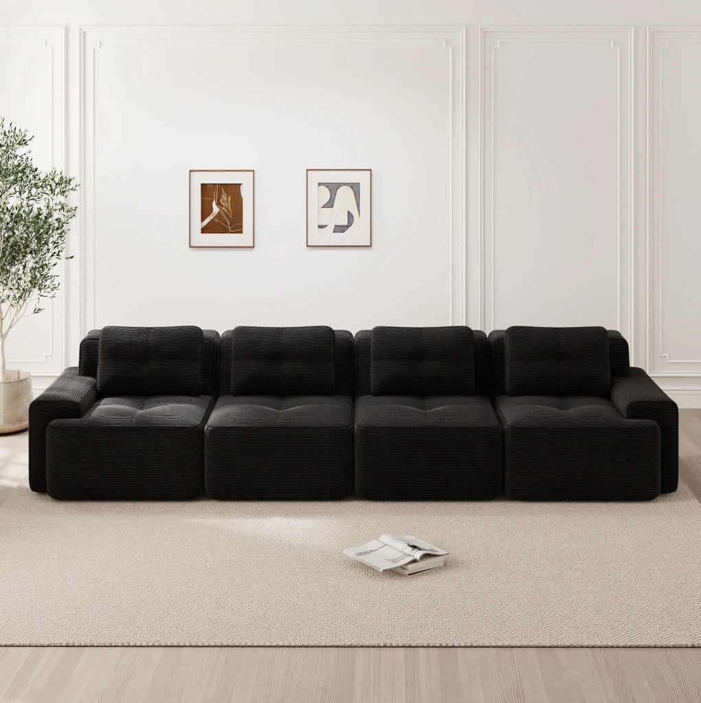 Divano modulare senza montaggio 382x104x69 cm in velluto a coste nero con seduta profonda
