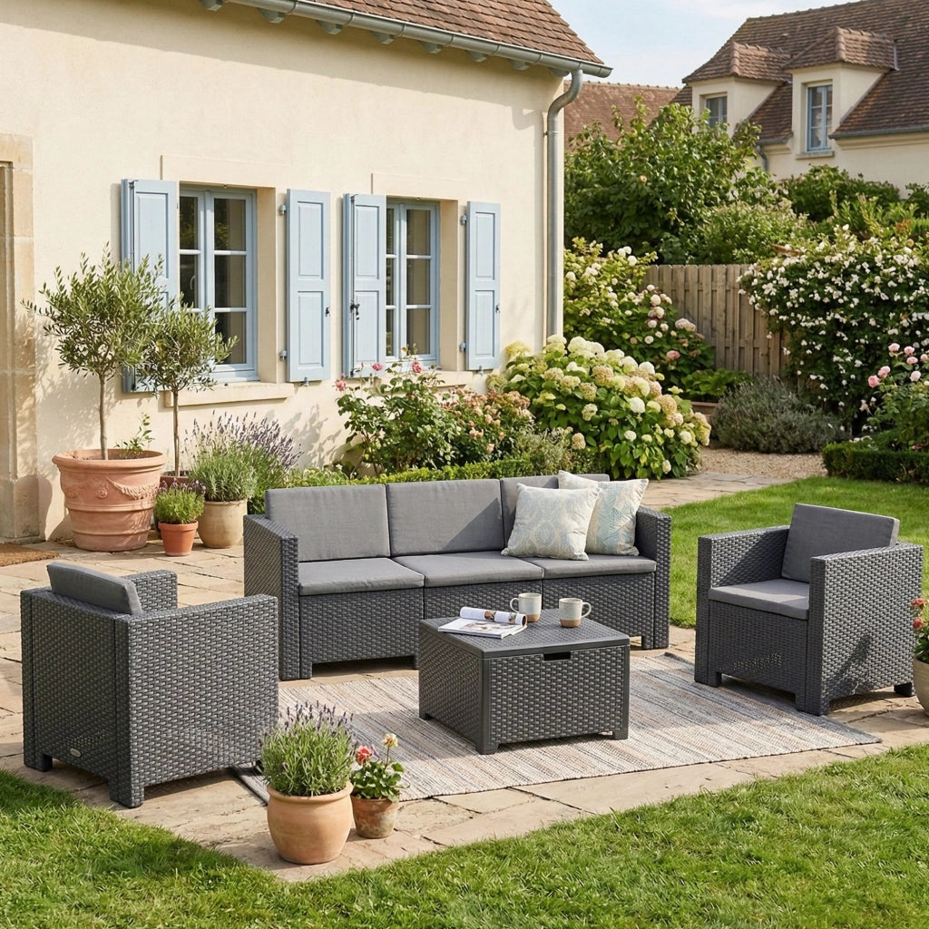 Set salotto da esterno Cameri, Salottino outdoor, Set da balcone o giardino, Composizione soggiorno per esterni, Made in Italy, Antracite