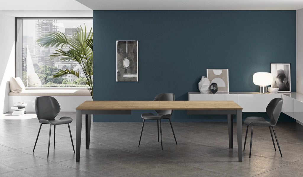 Tavolo allungabile Big, Top in melaminico rovere, base in metallo nero, dimensioni 156/316x90x76 cm - Tavolo da pranzo moderno
