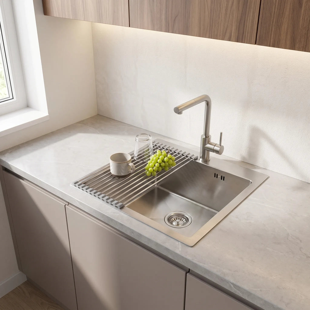 Lavello In Acciaio Con Set Di Accessori 3 Pz. Rea Leo 40 Brush Nickel Accessori beige