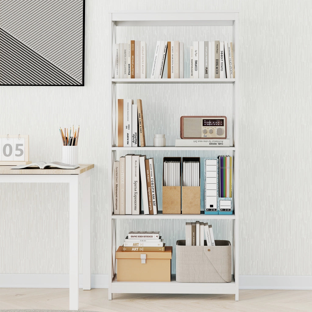 Libreria alta 5 ripiani legno romboidale scaffale espositivo aperto, Libreria moderna autoportante bianca ufficio soggiorno camera da letto