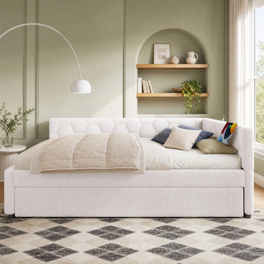 Letto con rete e letto estraibile 140 x 200 cm, bianco, con luce notturna e porte USB